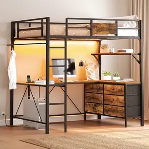 Loft Bed Twin Size, Metal Loft Bed with L-Shaped Gaming Desk, 6 Storage Drawers, Power Outlet, LED Lights, Twin Bed Frame with Adjustable Shelf, Hanging Rod, No Box Spring Needed, Rustic Brown