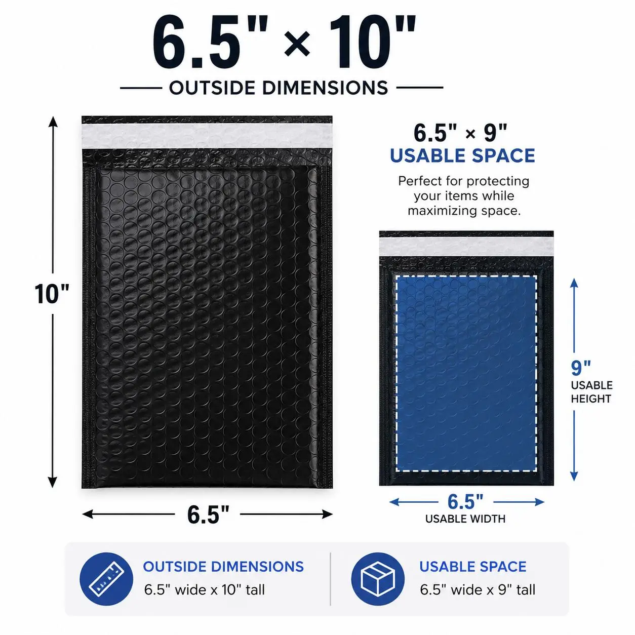 6.5x10 Poly Bubble Mailers (6.5x9 Usable Space) Self Seal Padded Shipping Envelopes for Small Business, eBay, Etsy, Amazon, Shopify & TikTok Shop Sellers, Lightweight Mailing Bags for Shipping Products, Clothing, Crafts & Accessories