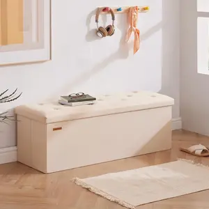 43.5 Inches Ottoman with Storage Bench, Folding Ottoman Bench Foot Rest Stool, Bedroom Bench, Holds up to 660 lb, Linen Beige