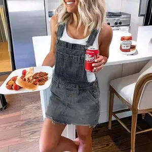 Women's Summer Casual Straps Denim Overall Dress with Pockets Sleeveless Suspender Skirt Pinafore Short Jeans Womenswear Suits