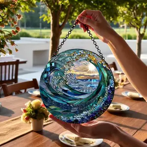 Spiral Ocean Suncatcher Window Decor, Blue Wave Glass Art Hanging