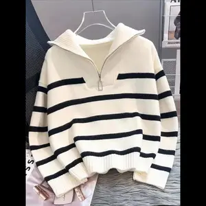 Women's Striped Print Zipper Drop Shoulder Sweater, Casual Long Sleeve Collared Jumper for Daily Outdoor Wear, Women Knitwear Top for Fall & Winter, National Day Clothing