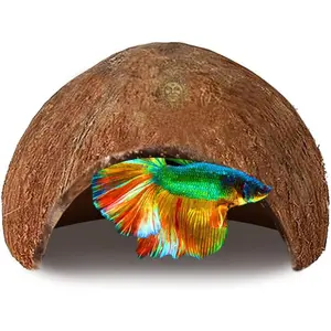 Betta Fish Cave, Habitat Made from Coconut Shell, Soft-Textured Smooth Edged Spacious Hideout, for Resting and Breeding, 1 count
