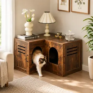Corner Cat Litter Box Enclosure for 2 Cats, 31.5" Hidden Litter Box Furniture Cabinet with Double Room, 2 Entrances, Ventilation Grille, Farmhouse Indoor Cat House End Table for Living Room Bedroom, Vintage Brown