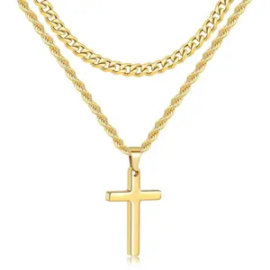 European and American style alloy double-layer twist chain cross pendant necklace, personalized hip-hop men's accessories -ZY525-7
