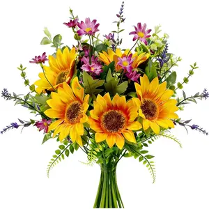 Artificial Sunflower Bouquet with Wildflowers, Silk Spring Summer Cemetery Flowers Arrangement for Vase, Faux Sunflowers Table Centerpiece for Home Kitchen