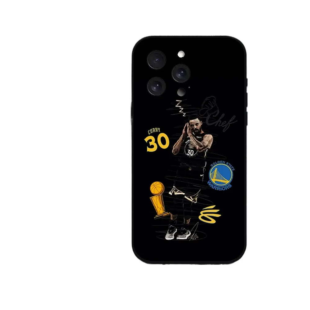 Basketball star Stephen Curry pattern liquid metal phone case, compatible with iPhone 17/16/15/14/13/12, black protective case.