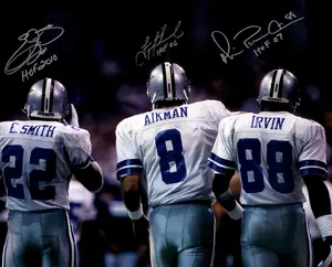 Troy Aikman, Michael Irvin, & Emmitt Smith Dallas Cowboys Autographed 16" x 20" Backshot Photograph with Multiple Inscriptions - Fanatics Authentic Certified