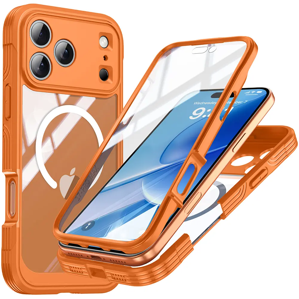 Magnetic Translucent Matte Frosted Grip Polycarbonate Protective Casing Protector for iPhone 17 Series - Military Grade Shockproof, Full Cover Tempered Glass Screen Protector, Camera Guard, Orange Wireless Phone Accessory (Father's Day Gift)