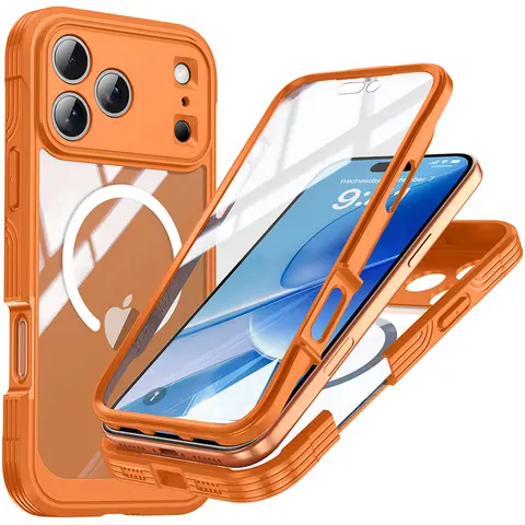 Magnetic Translucent Matte Frosted Grip PC+TPU Protective Case for iPhone 17 (6.3''), Military Grade Heavy Duty Protection, Full Cover Tempered Glass Screen Protector, Camera Guard, Orange Wireless Phone Accessory (Father's Day Gift Idea), Accessories, Po