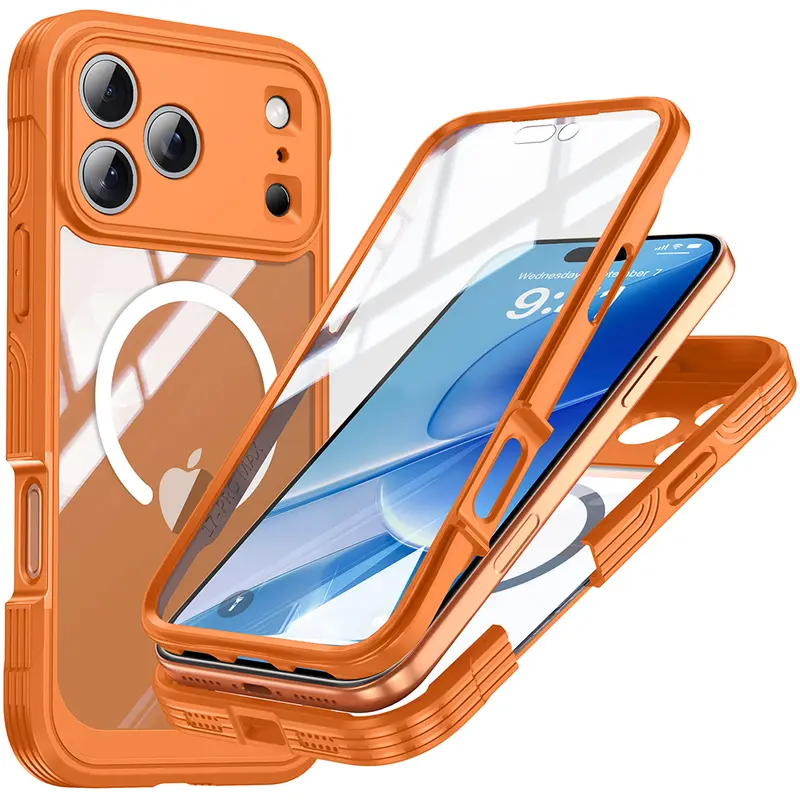 Magnetic Translucent Matte Frosted Grip PC+TPU Protective Case for iPhone 17 (6.3''), Military Grade Heavy Duty Protection, Full Cover Tempered Glass Screen Protector, Camera Guard, Orange Wireless Phone Accessory (Father's Day Gift Idea), Accessories, Po