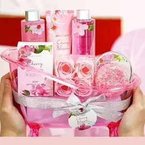 Bath and Body Spa Gift Set with Cherry Blossom & Jasmine Scent Mini Bathtub Bubble Bath, Shower Gel, Shampoo Bar Soap, Self Care Bundles Mother's Day Gift For Mom Pamper Your Mother