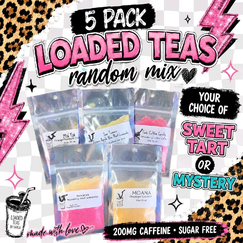 5 Loaded Teas For 22 Mystery Pack sugar-free powder drink mix. Each Loaded tea package is 200 MG caffeine. You will recieve 5 individual packages.