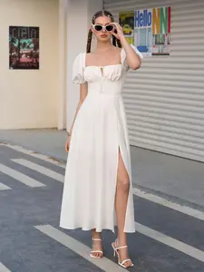 Backless Puff Sleeve Ruched Tie Split Thigh Print Dress,Summer Beach Vacation Dress