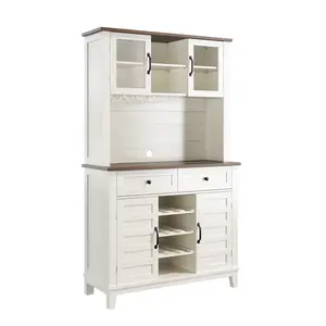 183cm White Multifunctional Kitchen Buffet – Sideboard with Coffee Station, Wine Storage, 4 Glass Doors, 2 Drawers and Adjustable Shelves – Perfect for Kitchen, Dining Room and Home Bar