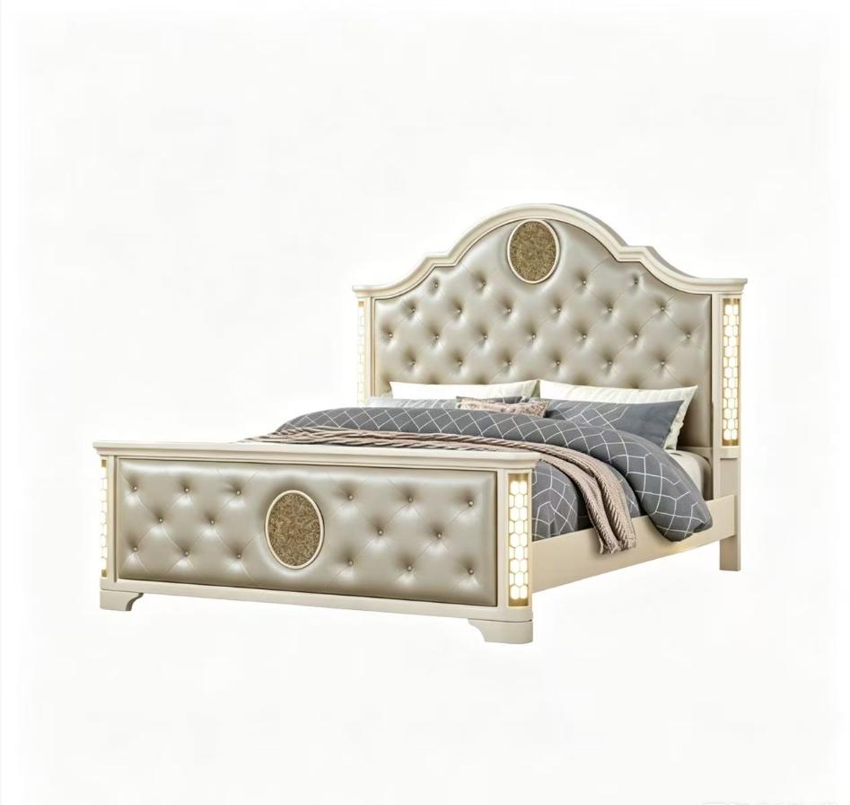 Bellemave JASMINE Queen 4-Pc LED Wood Vanity Set - Beige Indoor Furniture with Vanity, Dresser, Nightstand, Headboard, LED-Light for Bedroom Decor, Dorm Essentials