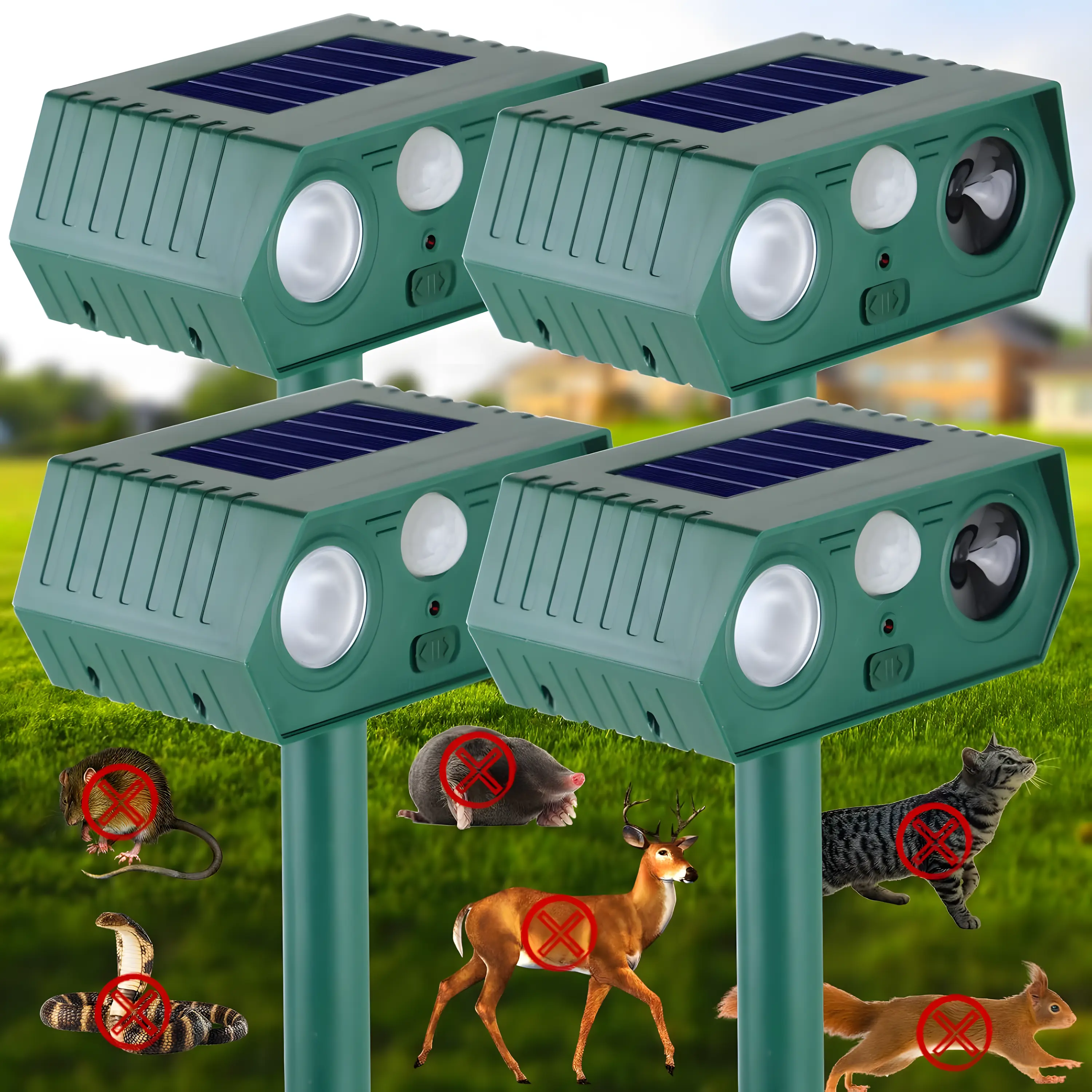 4 Pack Solar Animal Repeller Outdoor, Motion-Activated Ultrasonic Cat Deer Squirrel Mouse Deterrent with LED Flashing Lights, Waterproof Rodent Pest Control for Yard, Lawn, Garden & Farm flash light repellent, Ultrasonic Pest Repellent, Solar Powered