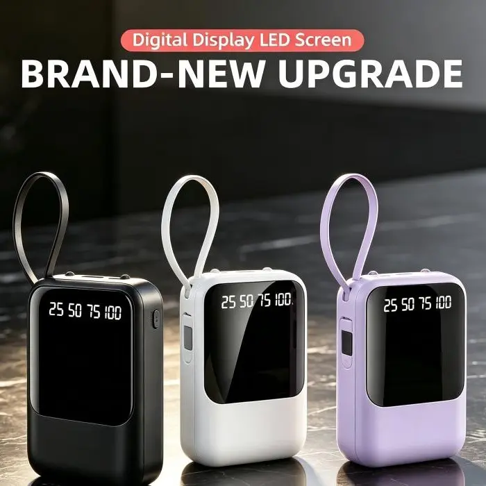 2026Ultra-compact 10000mAh USB-C power bank, compact and lightweight multi-color portable charger for smartphones, multi-port fast charging accessory ideal for travel and gifting, mini power bank with built-in charging cable