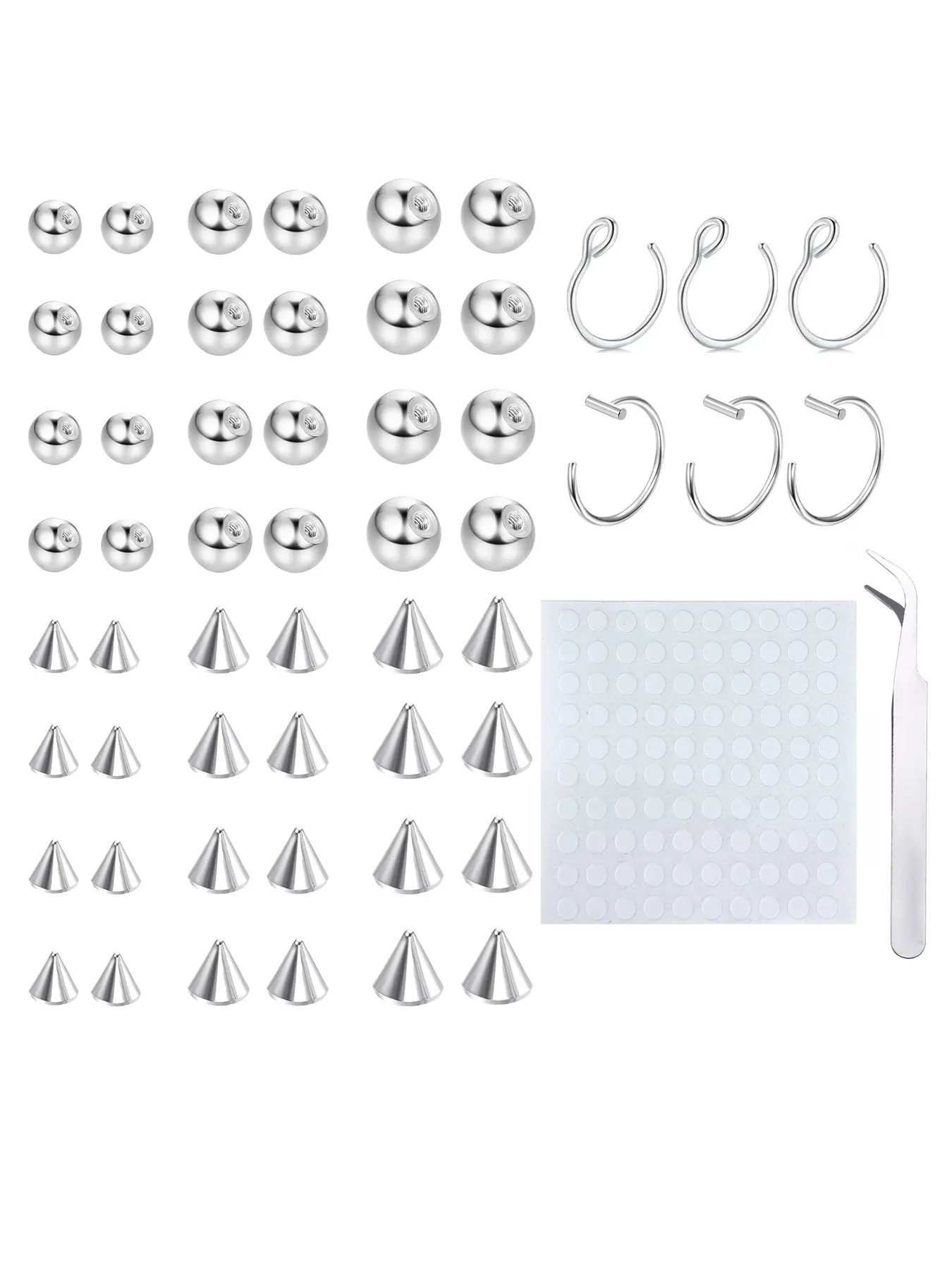 Fake Eyebrow Ring Fake Lip Labret Studs Replacement Balls Spike Design with 100Pcs Sticker Non-Piercing Nose Rings Hoop Fake Skin Piercing Punk Style 3MM 4MM 5MM Multiple Sizes Silver Stainless Steel Nose Ring Jewelry