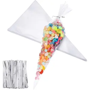 100 count 7 x 12 Inch Cone Shaped  Bag Clear Cello Cellophane Medium Transparent Sweet Popcorn Candy Bags with 100 count Twist Ties for Party Favor( Twist Ties)