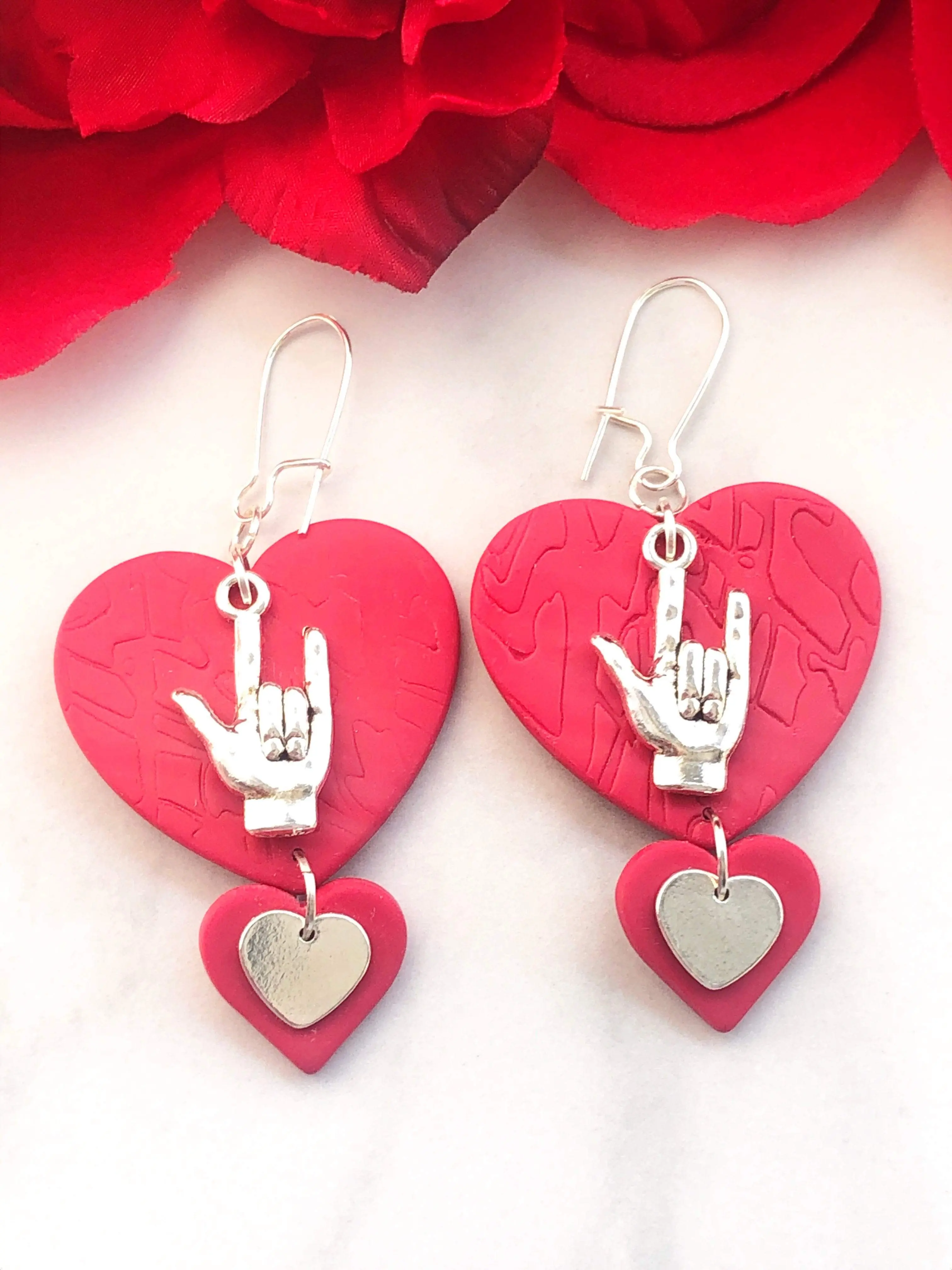 Self Love - Red Heart Earrings with Sign Language Love Charm