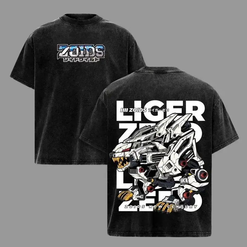 Men's Oversized Washed Vintage Ribbed Cotton Shortsleeve T-Shirt - Liger Zoids New Century Anime Mecha Robot Graphic, Round Neck, Seamless Casual Streetwear Top