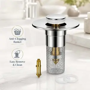 Universal Pop-Up Sink Drain Stopper with Stainless Steel Filter Basket Anti-Clog Debris Catcher Easy Install for Bathroom Kitchen，Multi-Function Pop-Up Plug, Washable Sink Filter Tool