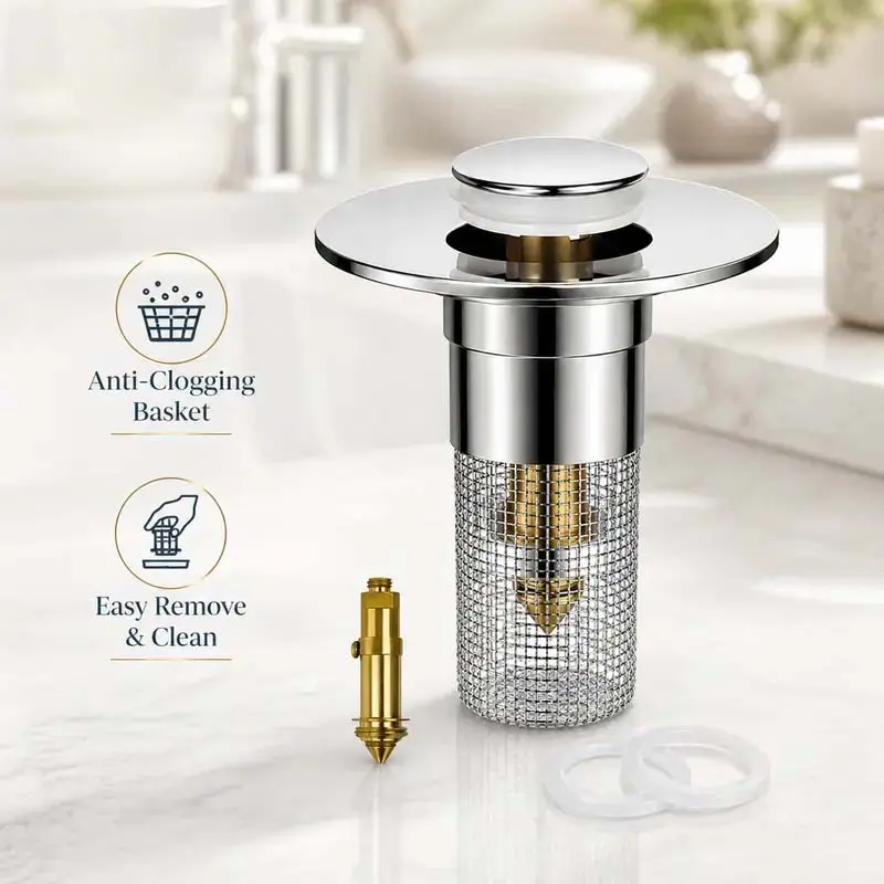Universal Pop-Up Sink Drain Stopper with Stainless Steel Filter Basket Anti-Clog Debris Catcher Easy Install for Bathroom Kitchen，Multi-Function Pop-Up Plug, Washable Sink Filter Tool