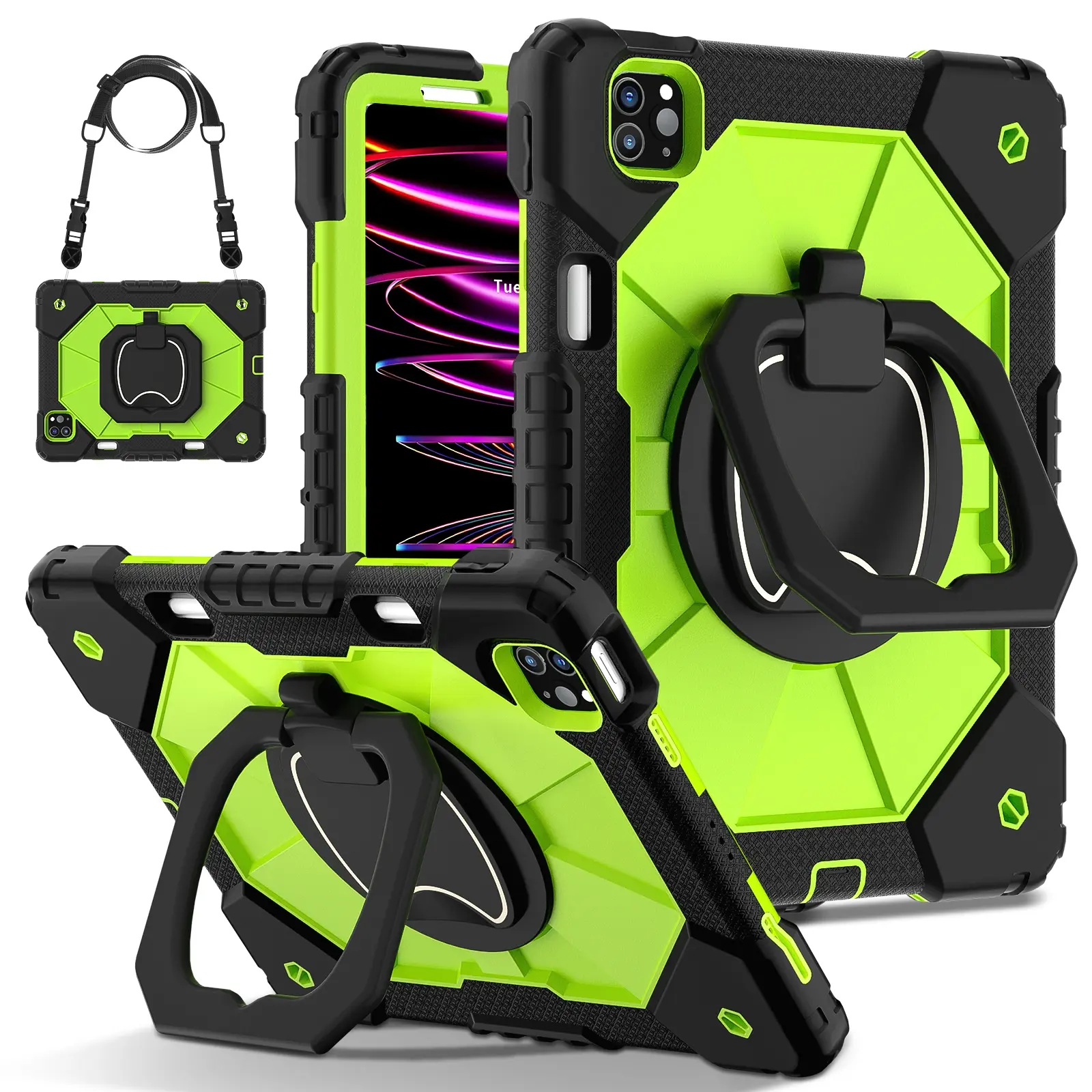 Ultra-Durable iPad (A16) 11th 11" Case, Durable tablet casing, iPad Air M4, iPad Pro (M5) 13 inch, iPad Mini - Shockproof Tablet Protective Cover with 360° Rotating Stand with Pencil Slot - Kids/Adults Friendly - Black+Green