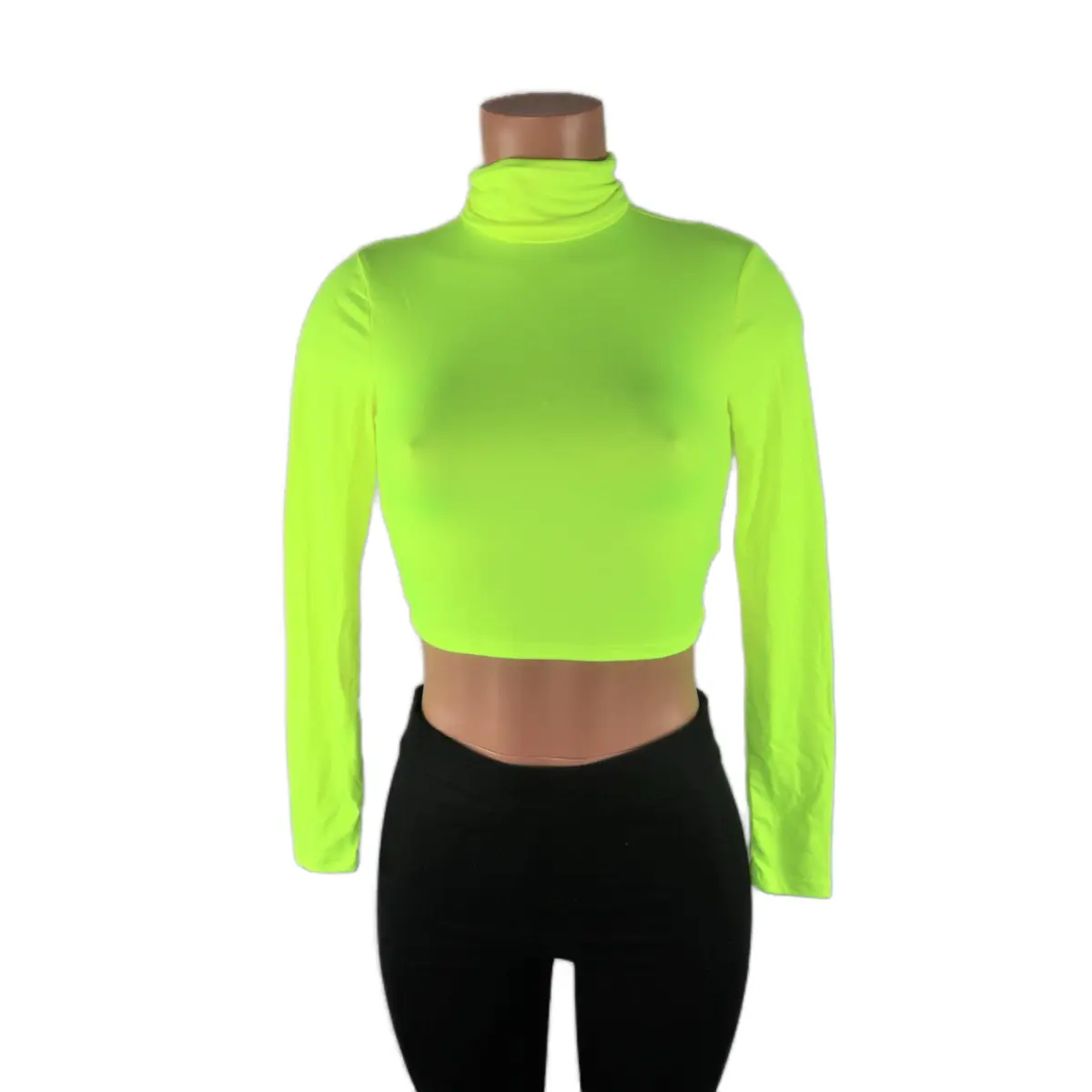 Turtleneck Neon Crop Top - Final Sale Long Sleeve Polyester Womenswear