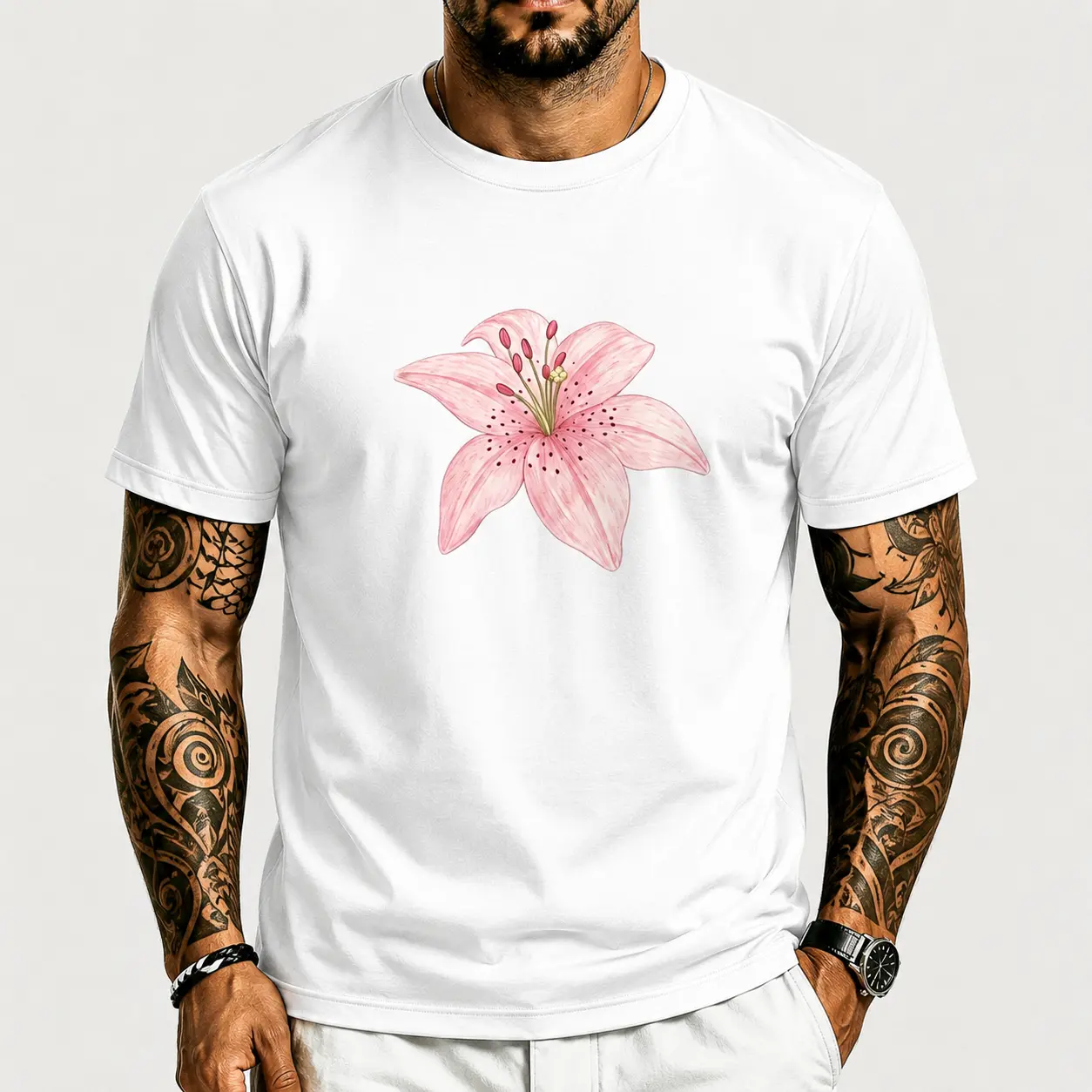 100% Cotton Men's Floral Graphic Tee, Pink Lily Botanical Print Black T-Shirt, Crew Neck Short Sleeve Casual Streetwear, Summer Outfit, Plant Lover Gift campingessentials