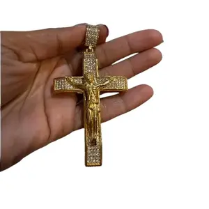 14K Gold Plated Cross 3.5" L - Crucifix Bling Pendant Religious Cross Jesus Christ Crucifix Pendant Iced Brass with CZ Diamonds for Hip Hop Jewelry Big Crucifix