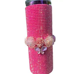 Rhinestone tu Pink Item with Floral Design and Rhinestone Decoration 20oz