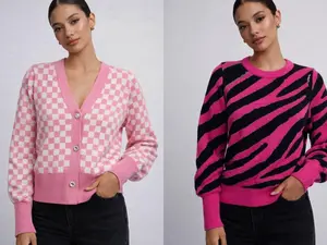 Bold Pink Knit Collection Checkerboard Cardigan & Zebra Sweater for Stylish Outfits - Fashion Forward & Versatile Wear