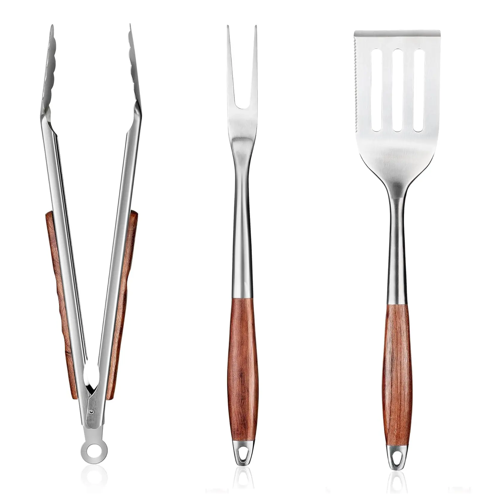 3-Piece BBQ Tools Set - Stainless Steel Grill Spatula, Fork & Tongs with Rosewood Handles, Heat Resistant Grilling Utensils for Outdoor Cooking, Camping & Backyard Barbecues