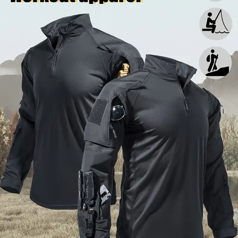Men's Long-Sleeve Multi-Pocket Breathable Fabric Sports Training Combat T-Shirt, Scratch-Resistant Workwear, Athletic Apparel, Athletic Clothes, Ideal for Hiking, Running, Fishing and Other Activities