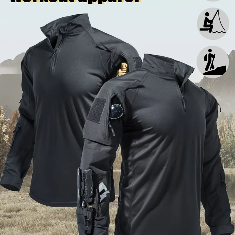 Men's Long-Sleeve Multi-Pocket Breathable Fabric Sports Training Combat T-Shirt, Scratch-Resistant Workwear, Athletic Apparel, Athletic Clothes, Ideal for Hiking, Running, Fishing and Other Activities
