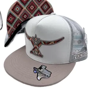TEXHORN Cap, Style: Morelos Aztec, White, Mesh Back, Gray Accents, Durable Design