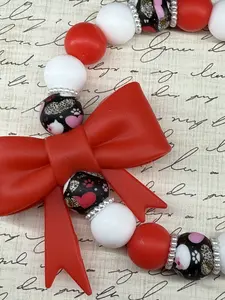 XL Red Bow Kitty Conversation Hearts Silicone Beaded Wristlet Keychain for Valentine's Gift for Wife, Girlfriend