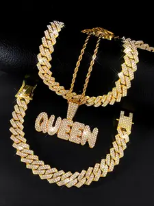 4pcs/set Punk Queen Letter Pendant Necklace & Bracelet Set, Glittering Cuban Chain Design, Trendy Jewelry for Women, Glamour Set