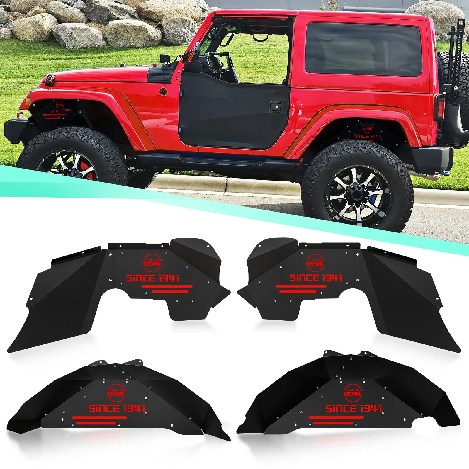 YZONA Front & Rear Inner Fender Liner Protector Set, Carbon Fiber & Metal Construction, 17.5kg, with All Assembly Hardware & Instructions for 2007-2018 Jeep Wrangler JK & JKU Unlimited (2/4 Doors) | Automotive Car Accessories