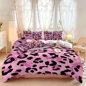 3-piece quilt cover set (1 quilt cover +2 pillowcases, coreless) Sweet and cool powder black leopard print theme quilt is covered with foundation and black leopard print elements quilt is soft and comfortable bedding, for all rooms Soft Bedding Sets