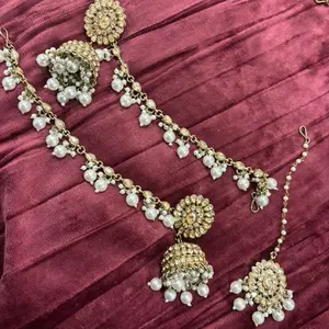 Champagne Stone & Faux Pearl Jhumki Earrings with Sahara & Tikka 3 Piece Gold Plated Set for Festive Wear