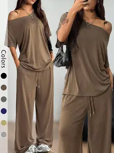 Women's 2-Piece Sleepwear Set, Casual Solid Color Sporty Two-Piece, Loose Short Sleeve Long Pants, Comfortable Home Wear