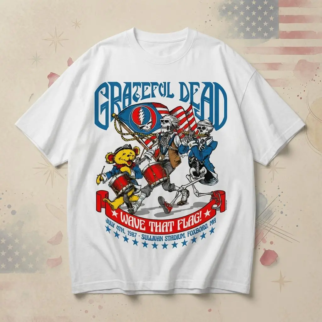 Grateful Dead Wave That Flag Vintage Graphic T-Shirt USA Flag Skeleton Bear Unisex Cotton Music Tee