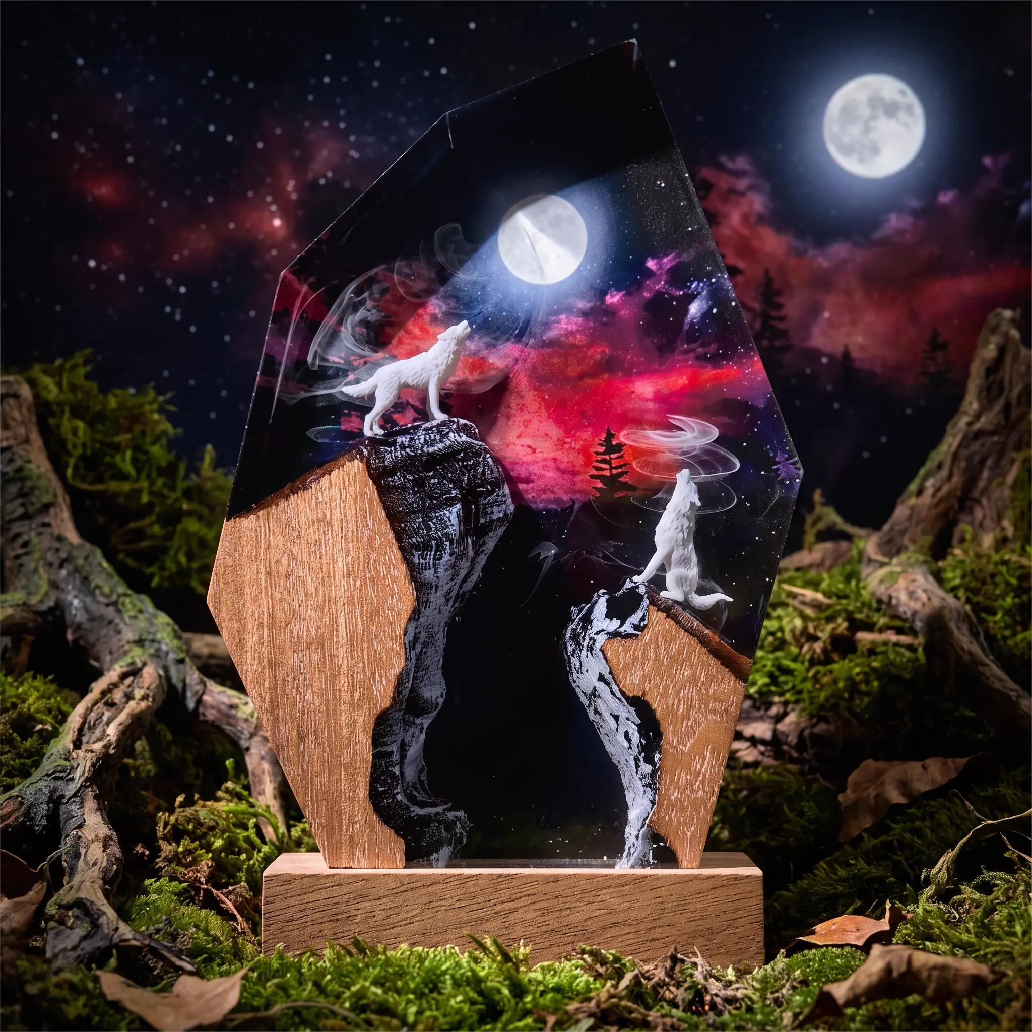 Handcrafted Epoxy Resin Wood Night Light LED Howling Wolf Table Lamp Moonlit Mountain Scene Desktop Ornament Aesthetic Bedroom Decor Unique Gift for Nature Lovers