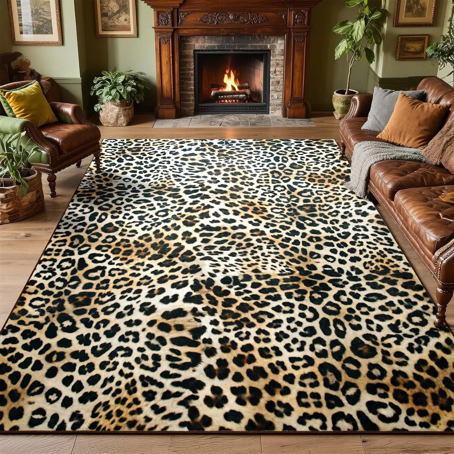 Leopard Print Animal Area Rug - Anti-Skid, Dustproof, Durable Low Pile Carpet with Rubber Backing, Machine Washable for Living Room, Bedroom, Home Decor