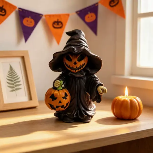 Halloween Pumpkin Head Witch  Statue, Spooky Jack-o'-Lantern Figurine with Mini Pumpkin, Goth Home & Table , Halloween Party Tiered Tray Ornament garden decor supply funny decoration sculpture