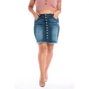 Kancan Curvy Button Raw Hem Skirt - High Waist Denim Mini Skirt for Women, Chic Style with Multi-Button Closure, Perfect for Summer Wear Blouse
