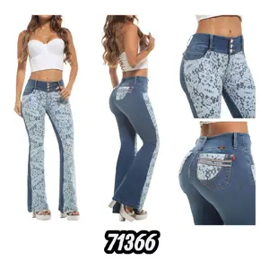 Colombian Bell-bottom Jeans, with lace fabric design and back pockets Blue Denim Everyday